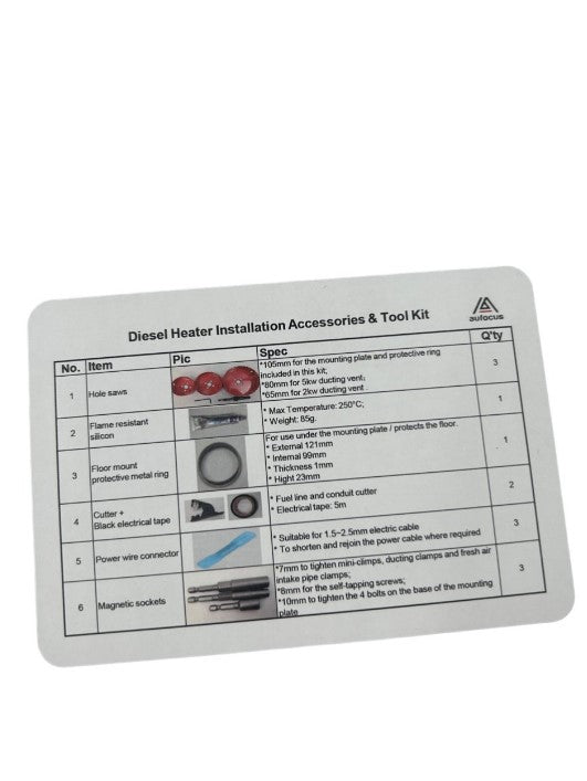 AU Focus Diesel Heater Installation Kit (2kw or 5kw)