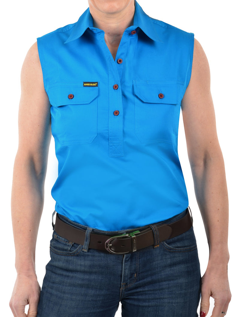 Hard Slog Women's Half Placket Sleeveless Light Cotton Shirt [Sz:8 Clr:BRIGHT BLUE]